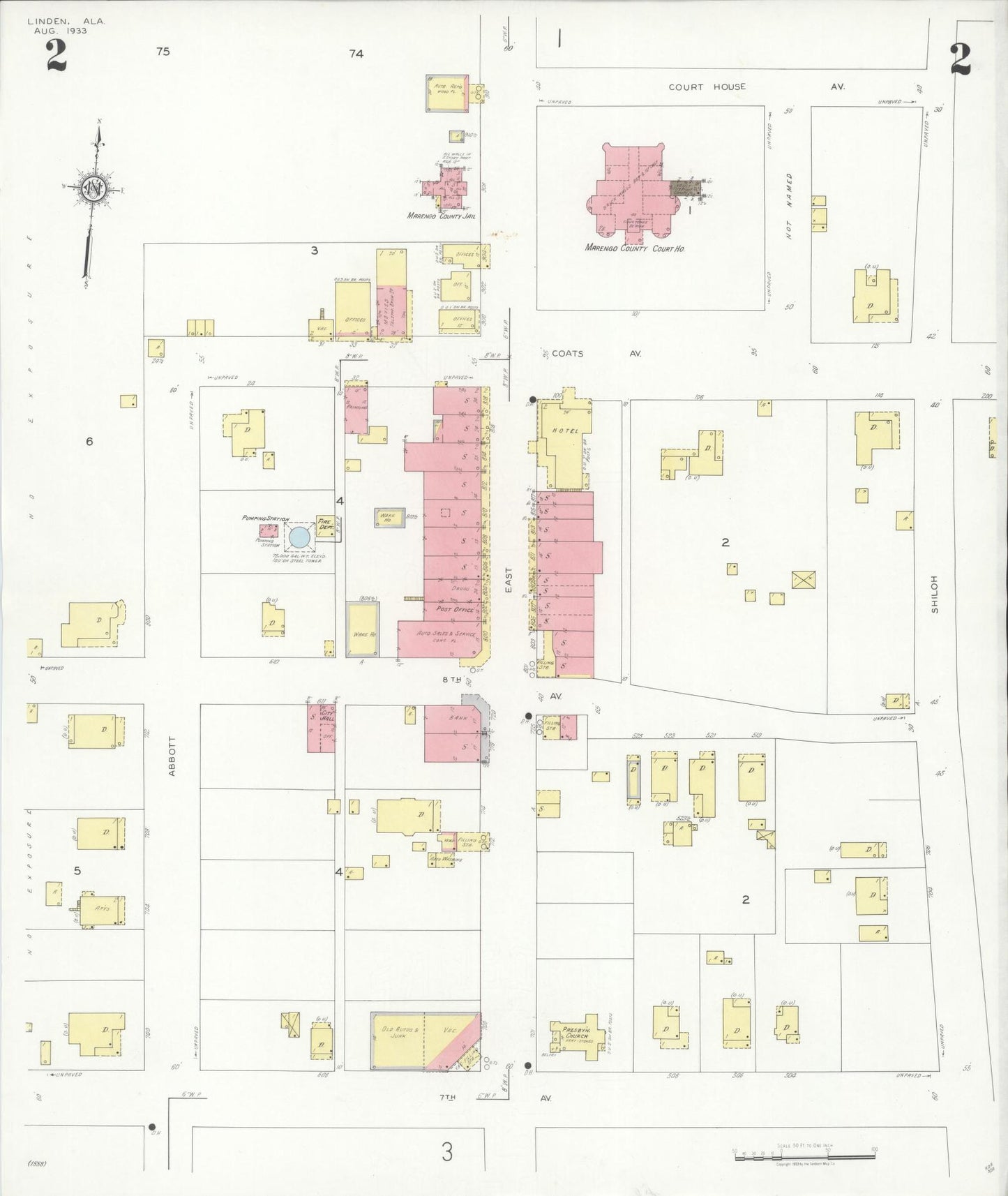 Sanborn Fire Insurance Map from Linden, Marengo County, Alabama (1933), Sheet #0002 - Historic Sanborn Fire Insurance Map Print, vintage old map wall art, antique decor, genealogy gift, Alabama Alabama map