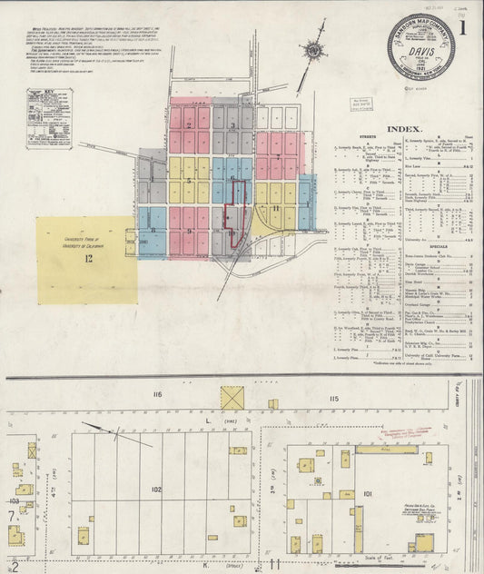 Sanborn Fire Insurance Map from Davis, Yolo County, California (1921), Sheet #0001 - Complete Map Set gallery image, historic Sanborn map, vintage wall art, California California
