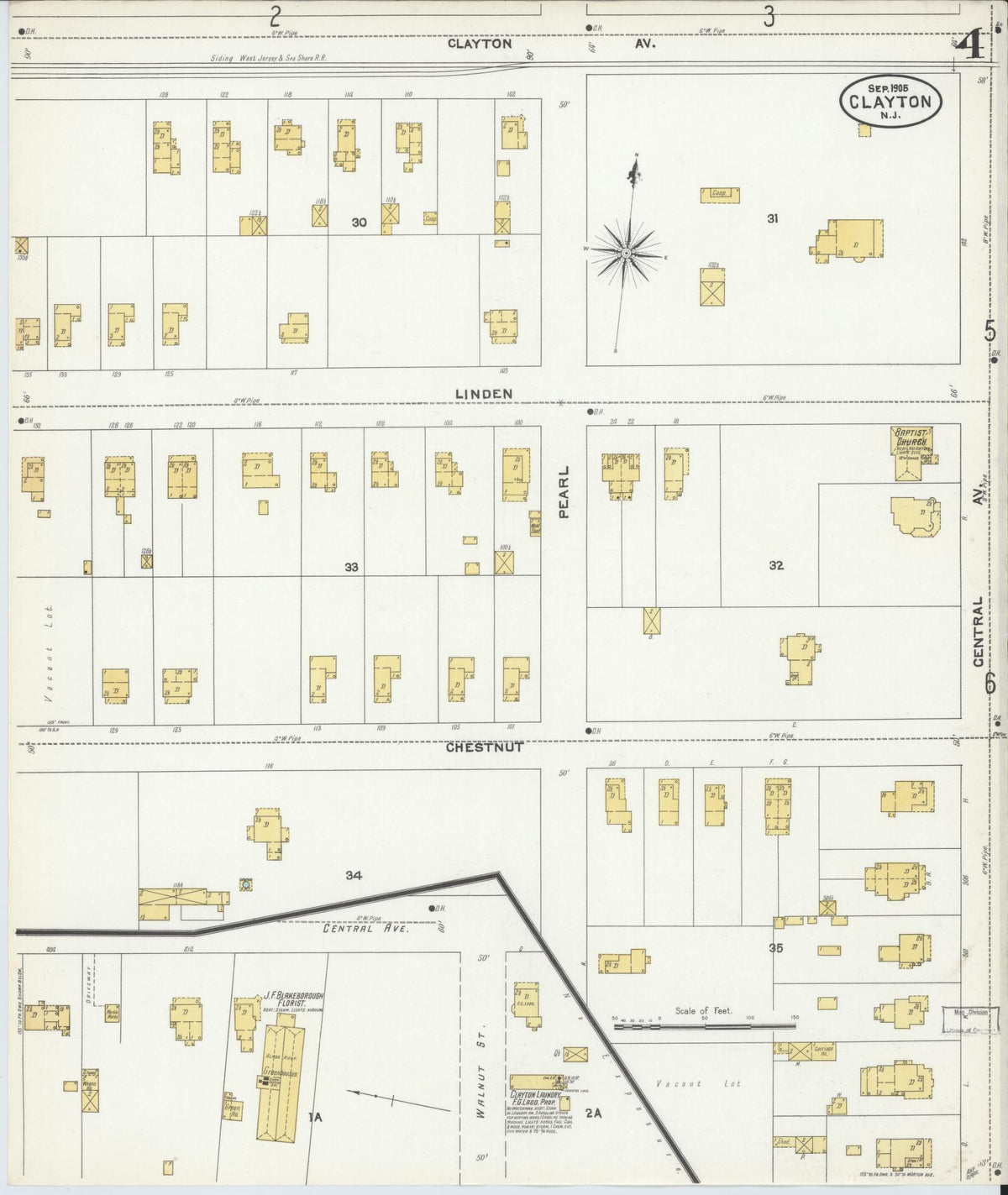 Sanborn Fire Insurance Map from Clayton, Gloucester County, New Jersey (1905), Sheet #0004 - Historic Sanborn Fire Insurance Map Print, vintage old map wall art, antique decor, genealogy gift, New Jersey New Jersey map