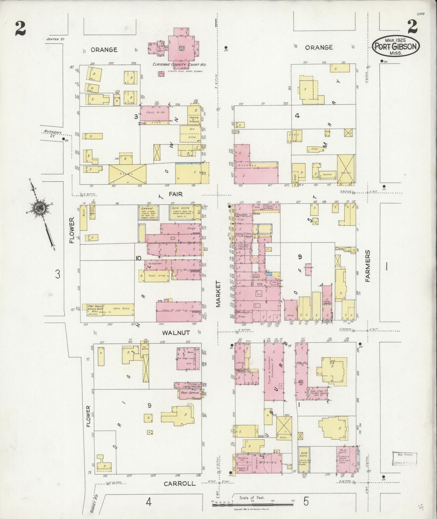Sanborn Fire Insurance Map from Port Gibson, Claiborne County, Mississippi (1925), Sheet #0002 - Complete Map Set gallery image, historic Sanborn map, vintage wall art, Mississippi Mississippi