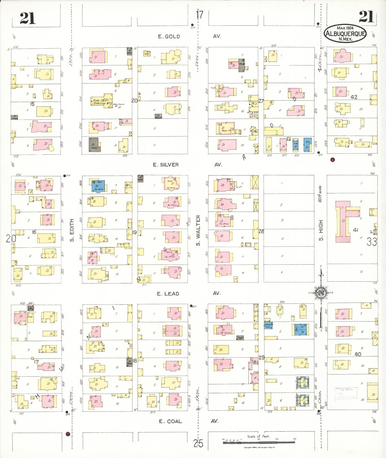 Sanborn Fire Insurance Map from Albuquerque, Bernalillo County, New Mexico (1924), Sheet #0021 - Historic Sanborn Fire Insurance Map Print, vintage old map wall art, antique decor, genealogy gift, New Mexico New Mexico map