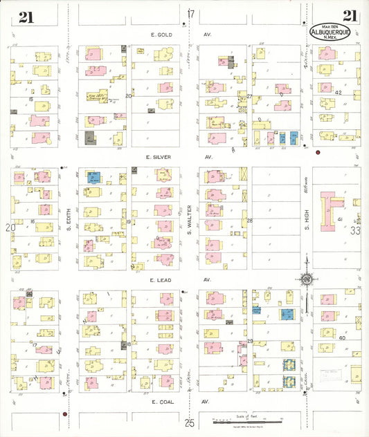 Sanborn Fire Insurance Map from Albuquerque, Bernalillo County, New Mexico (1924), Sheet #0021 - Historic Sanborn Fire Insurance Map Print, vintage old map wall art, antique decor, genealogy gift, New Mexico New Mexico map