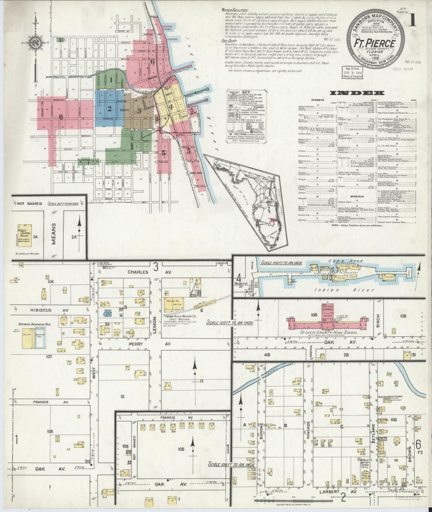 Sanborn Fire Insurance Map from Fort Pierce, St Lucie County, Florida (1918), Sheet #0001 - Complete Map Set gallery image, historic Sanborn map, vintage wall art, Florida Florida
