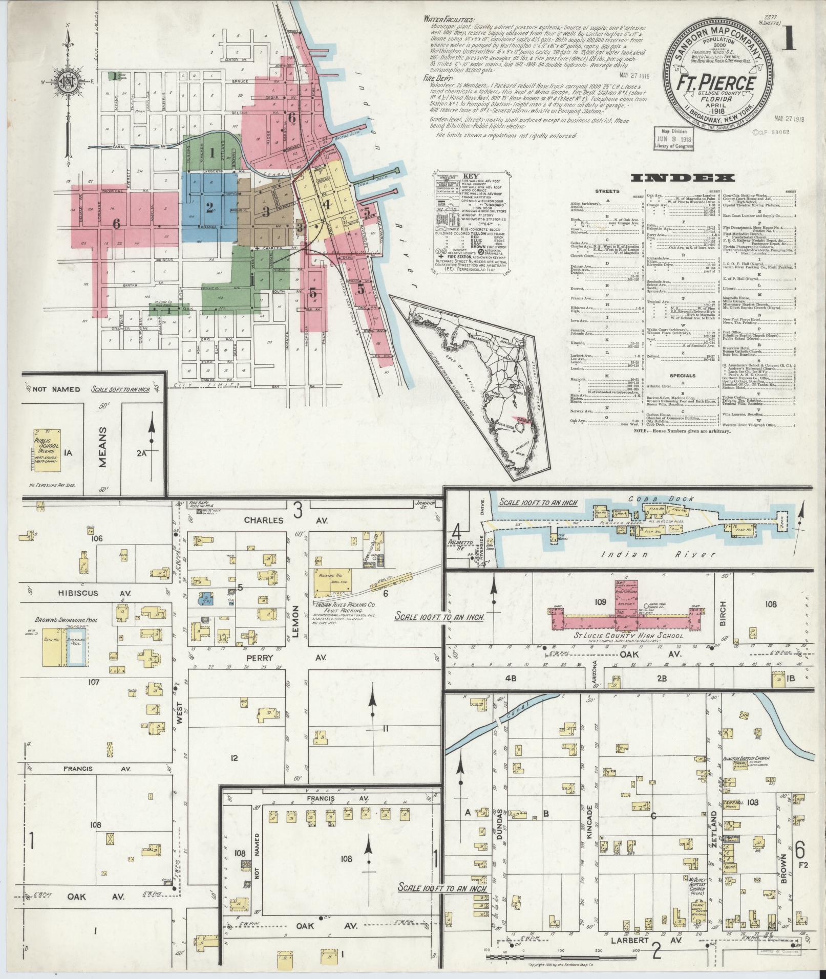 Sanborn Fire Insurance Map from Fort Pierce, St Lucie County, Florida (1918), Sheet #0001 - Complete Map Set gallery image, historic Sanborn map, vintage wall art, Florida Florida