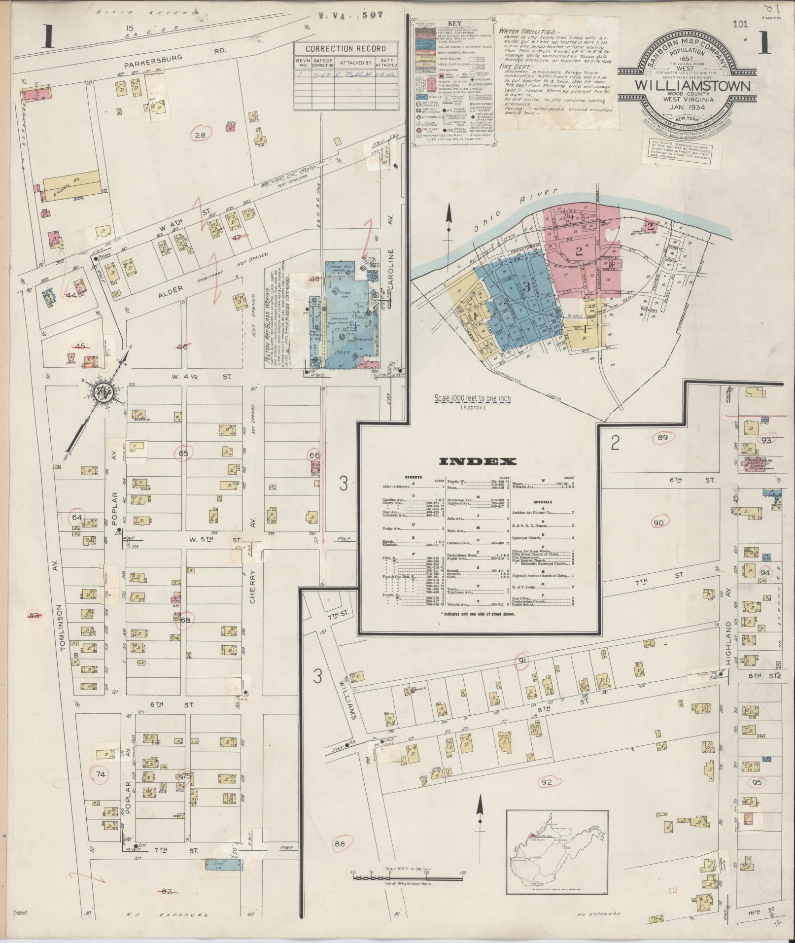 Sanborn Fire Insurance Map from Williamstown, Wood County, West Virginia (1945), Sheet #0001 - Complete Map Set gallery image, historic Sanborn map, vintage wall art, West Virginia West Virginia