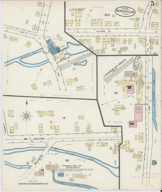 Sanborn Fire Insurance Map from Rockville, Tolland County, Connecticut (1885), Sheet #0005 - Historic Sanborn Fire Insurance Map Print, vintage old map wall art, antique decor, genealogy gift, Connecticut Connecticut map