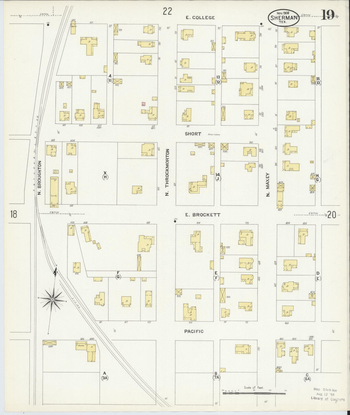 Sanborn Fire Insurance Map from Sherman, Grayson County, Texas (1908), Sheet #0019 - Complete Map Set gallery image, historic Sanborn map, vintage wall art, Texas Texas
