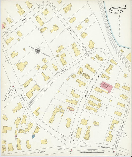 Sanborn Fire Insurance Map from Brattleboro, Windham County, Vermont (1912), Sheet #0002 - Historic Sanborn Fire Insurance Map Print, vintage old map wall art, antique decor, genealogy gift, Vermont Vermont map