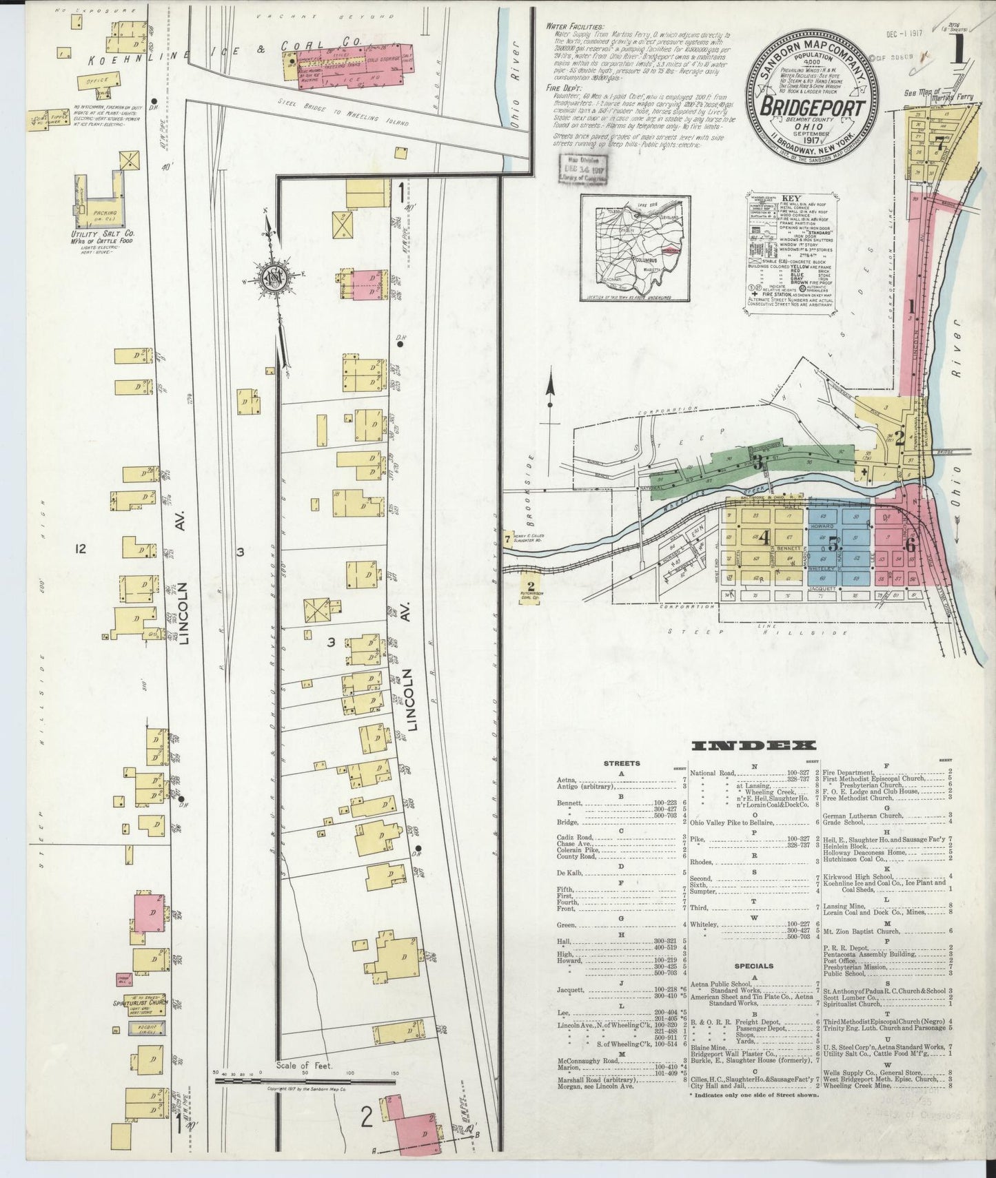 Sanborn Fire Insurance Map from Bridgeport, Belmont County, Ohio (1917), Sheet #0001 - Historic Sanborn Fire Insurance Map Print, vintage old map wall art, antique decor, genealogy gift, Ohio Ohio map