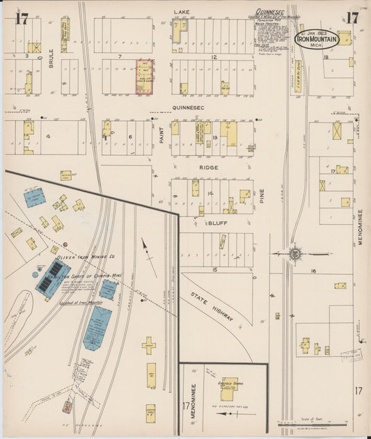 Sanborn Fire Insurance Map from Iron Mountain, Dickinson County, Michigan (1923), Sheet #0017 - Historic Sanborn Fire Insurance Map Print, vintage old map wall art, antique decor, genealogy gift, Michigan Michigan map