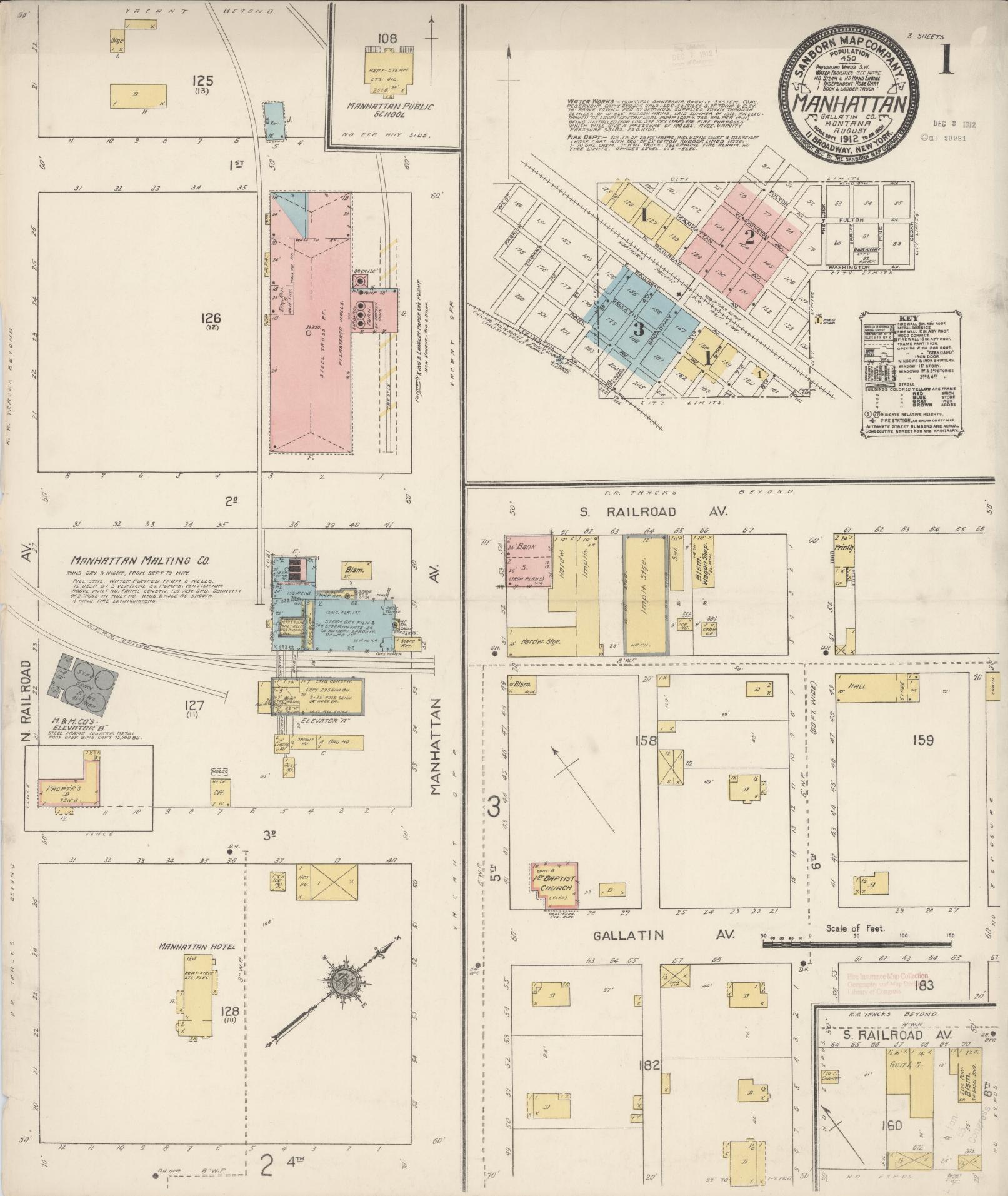 Sanborn Fire Insurance Map from Manhattan, Gallatin County, Montana (1912), Sheet #0001 - Complete Map Set gallery image, historic Sanborn map, vintage wall art, Montana Montana