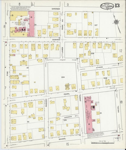 Sanborn Fire Insurance Map from Attleboro, Bristol County, Massachusetts (1916), Sheet #0013 - Historic Sanborn Fire Insurance Map Print, vintage old map wall art, antique decor, genealogy gift, Massachusetts Massachusetts map