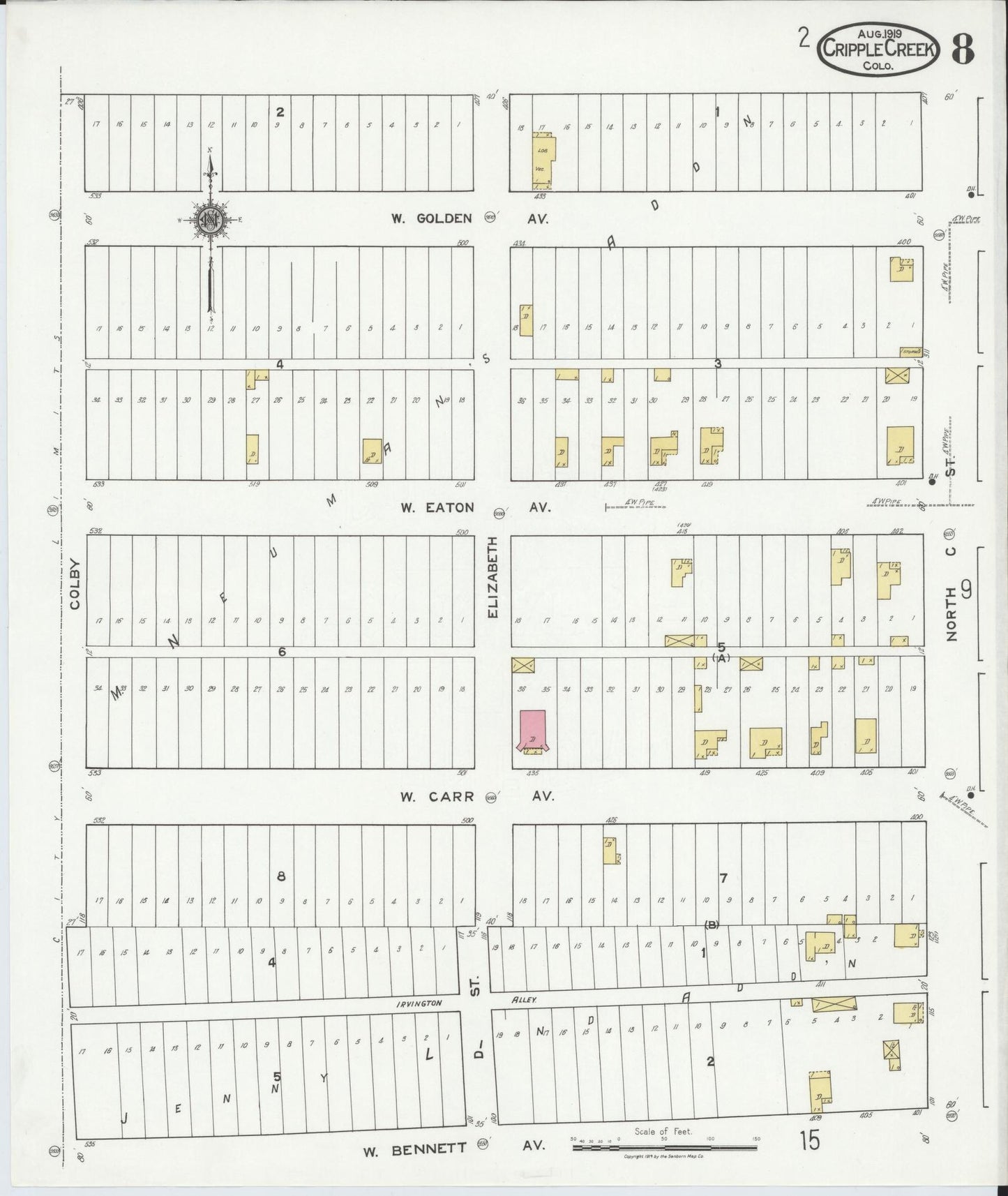 Sanborn Fire Insurance Map from Cripple Creek, Teller County, Colorado (1919), Sheet #0008 - Complete Map Set gallery image, historic Sanborn map, vintage wall art, Colorado Colorado