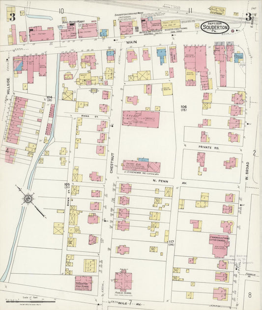 Sanborn Fire Insurance Map from Souderton, Montgomery County, Pennsylvania (1924), Sheet #0003 - Historic Sanborn Fire Insurance Map Print, vintage old map wall art, antique decor, genealogy gift, Pennsylvania Pennsylvania map