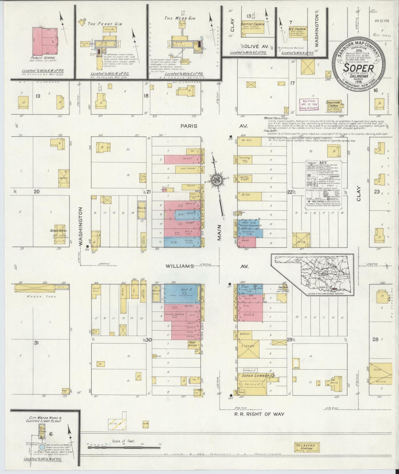 Sanborn Fire Insurance Map from Soper, Choctaw County, Oklahoma (1916), Sheet #0001 - Historic Sanborn Fire Insurance Map Print, vintage old map wall art, antique decor, genealogy gift, Oklahoma Oklahoma map