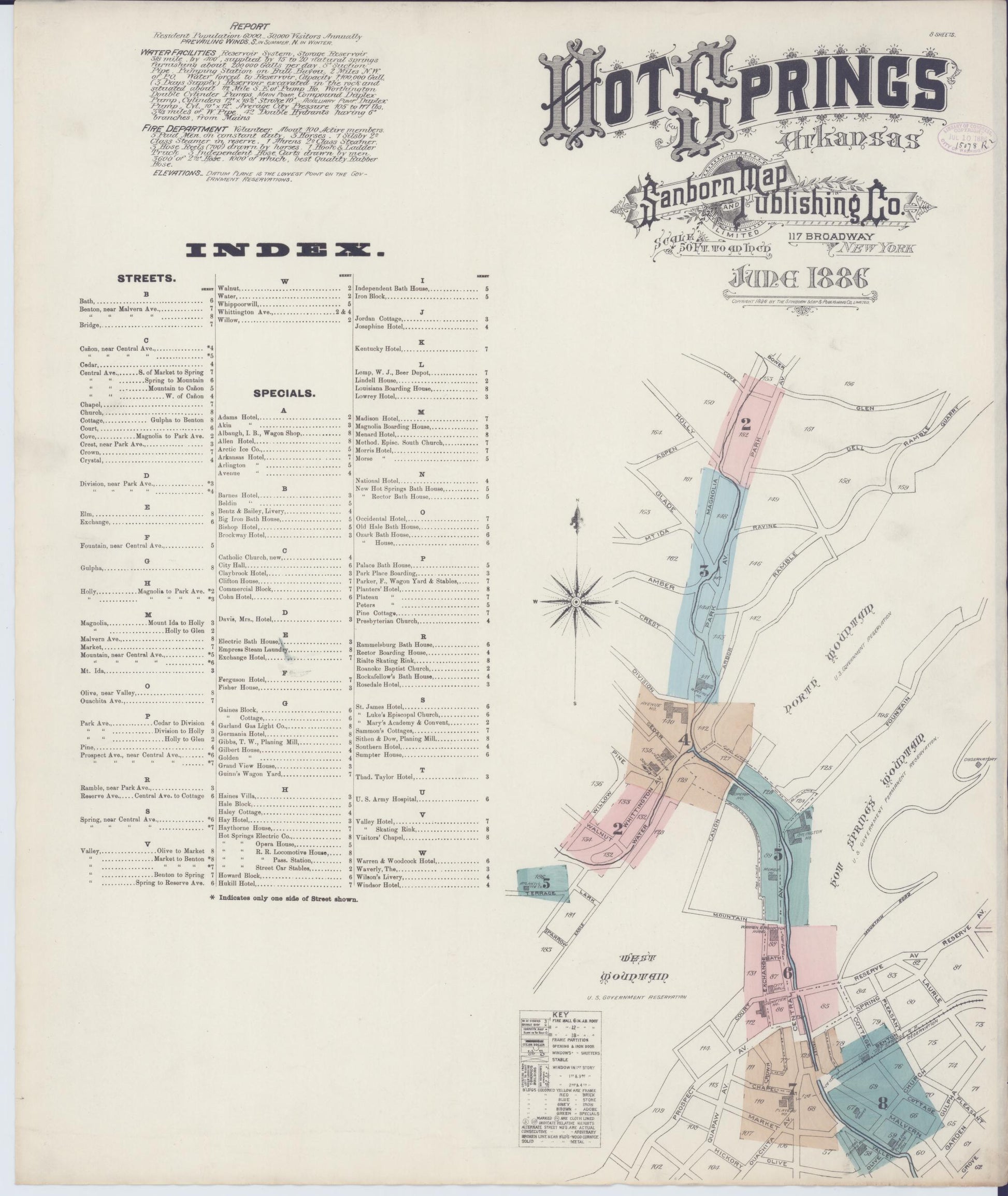 Sanborn Fire Insurance Map from Hot Springs, Garland County, Arkansas (1886), Sheet #0001 - Historic Sanborn Fire Insurance Map Print, vintage old map wall art, antique decor, genealogy gift, Arkansas Arkansas map