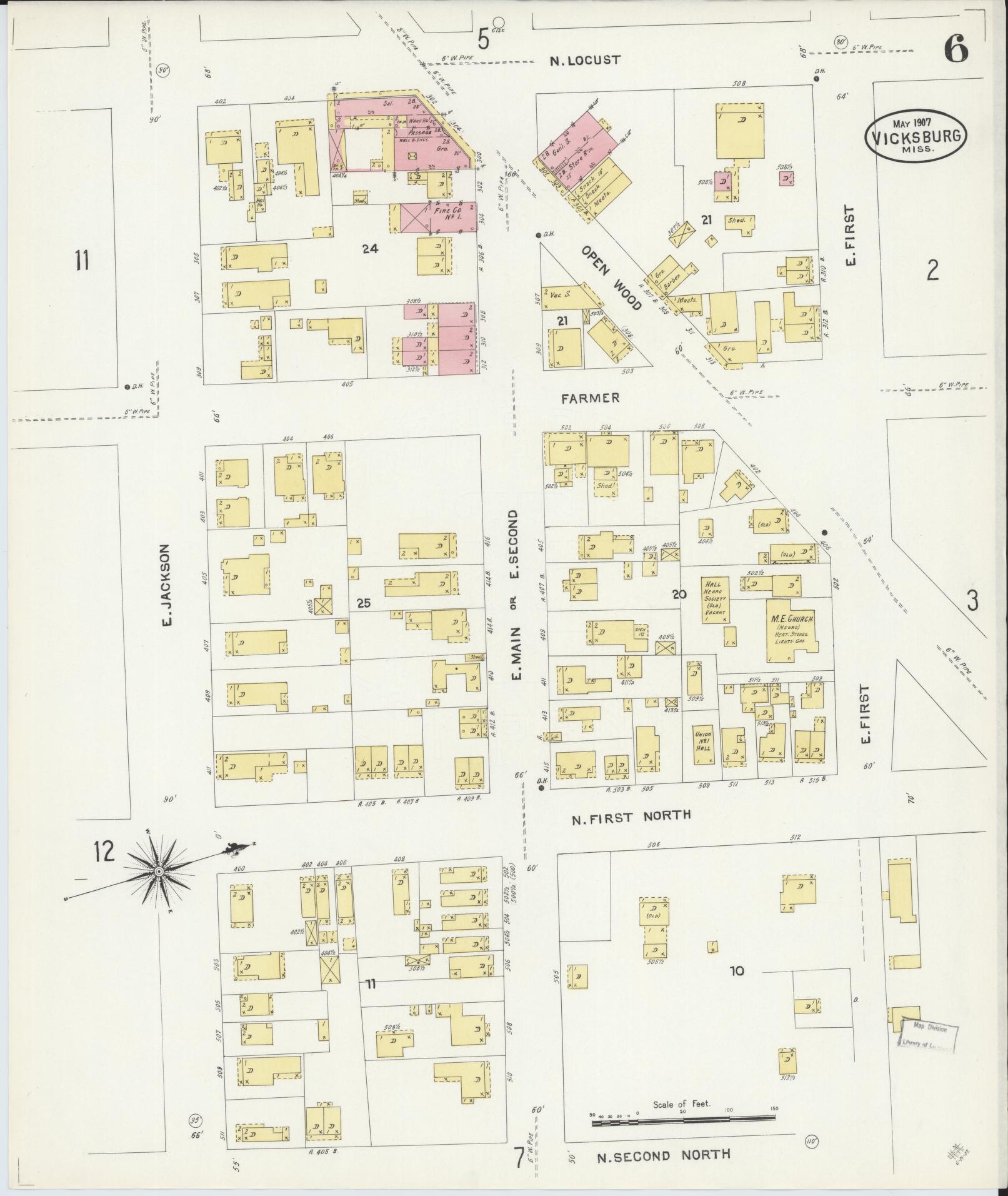 Sanborn Fire Insurance Map from Vicksburg, Warren County, Mississippi (1907), Sheet #0006 - Historic Sanborn Fire Insurance Map Print, vintage old map wall art, antique decor, genealogy gift, Mississippi Mississippi map