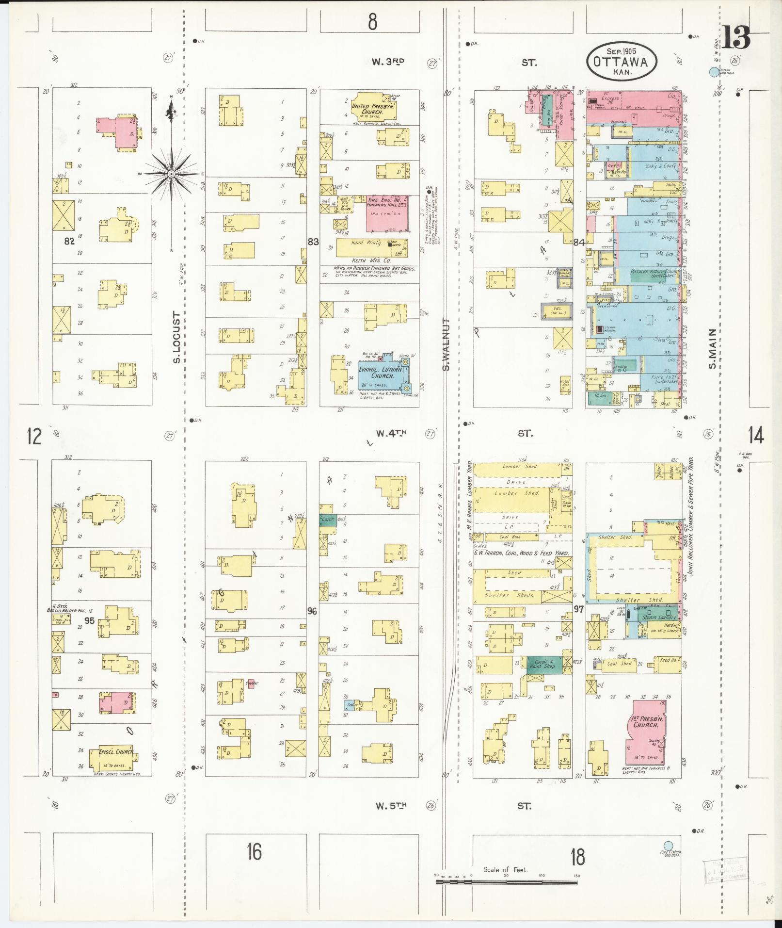 Sanborn Fire Insurance Map from Ottawa, Franklin County, Kansas (1905), Sheet #0013 - Historic Sanborn Fire Insurance Map Print, vintage old map wall art, antique decor, genealogy gift, Kansas Kansas map