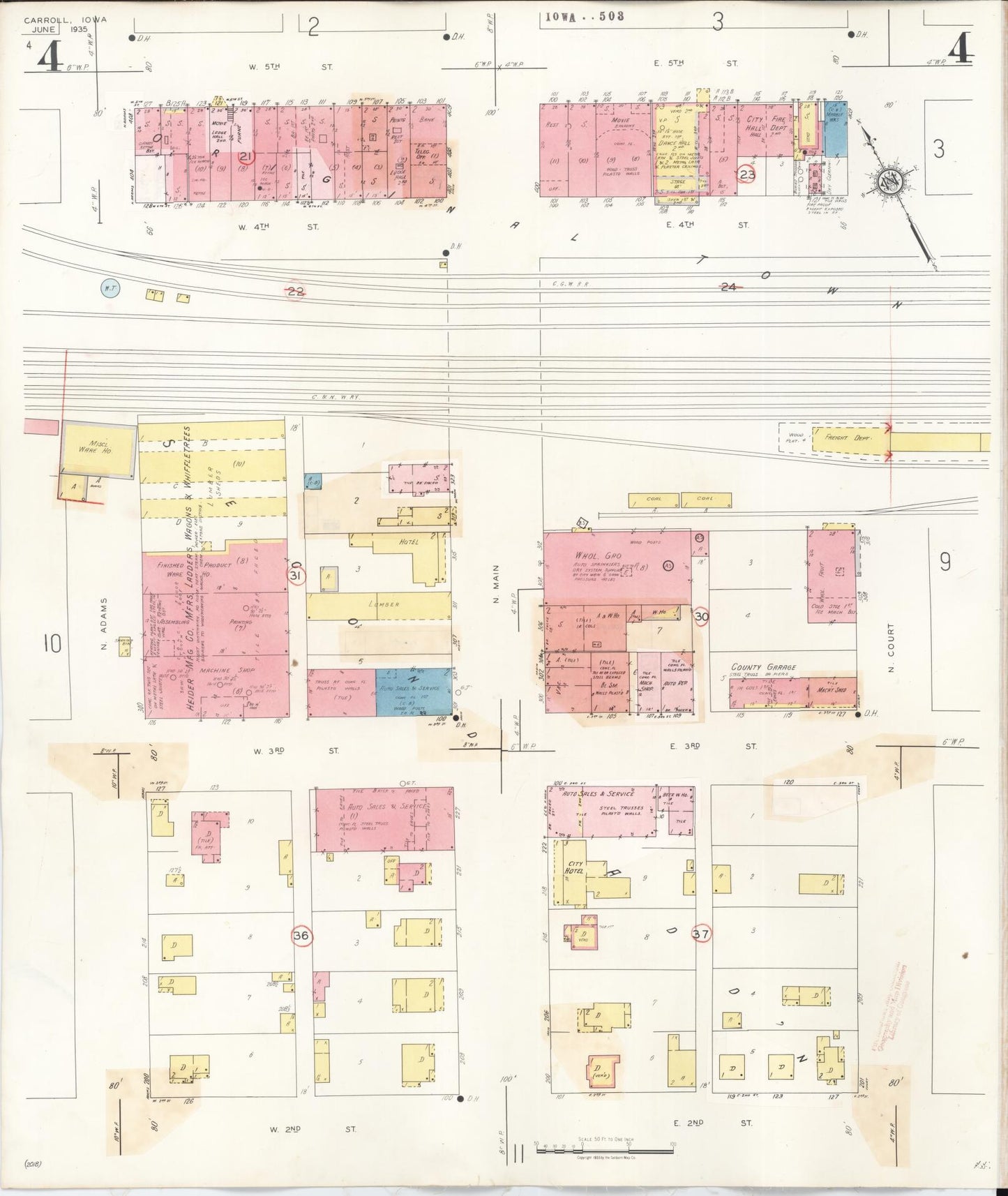 Sanborn Fire Insurance Map from Carroll, Carroll County, Iowa (1948), Sheet #0004 - Historic Sanborn Fire Insurance Map Print, vintage old map wall art