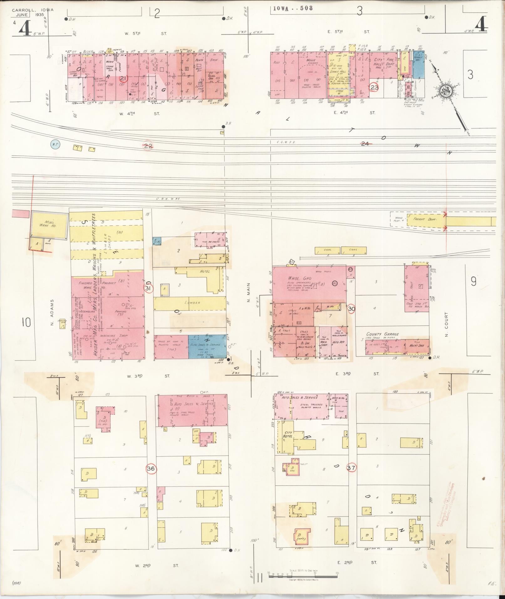 Sanborn Fire Insurance Map from Carroll, Carroll County, Iowa (1948), Sheet #0004 - Historic Sanborn Fire Insurance Map Print, vintage old map wall art