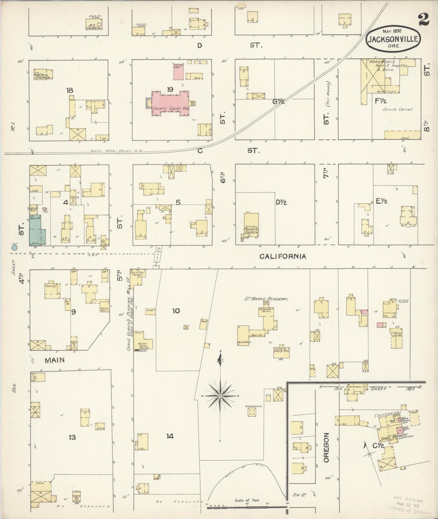 Sanborn Fire Insurance Map from Jacksonville, Jackson County, Oregon (1892), Sheet #0002 - Complete Map Set gallery image, historic Sanborn map, vintage wall art, Oregon Oregon
