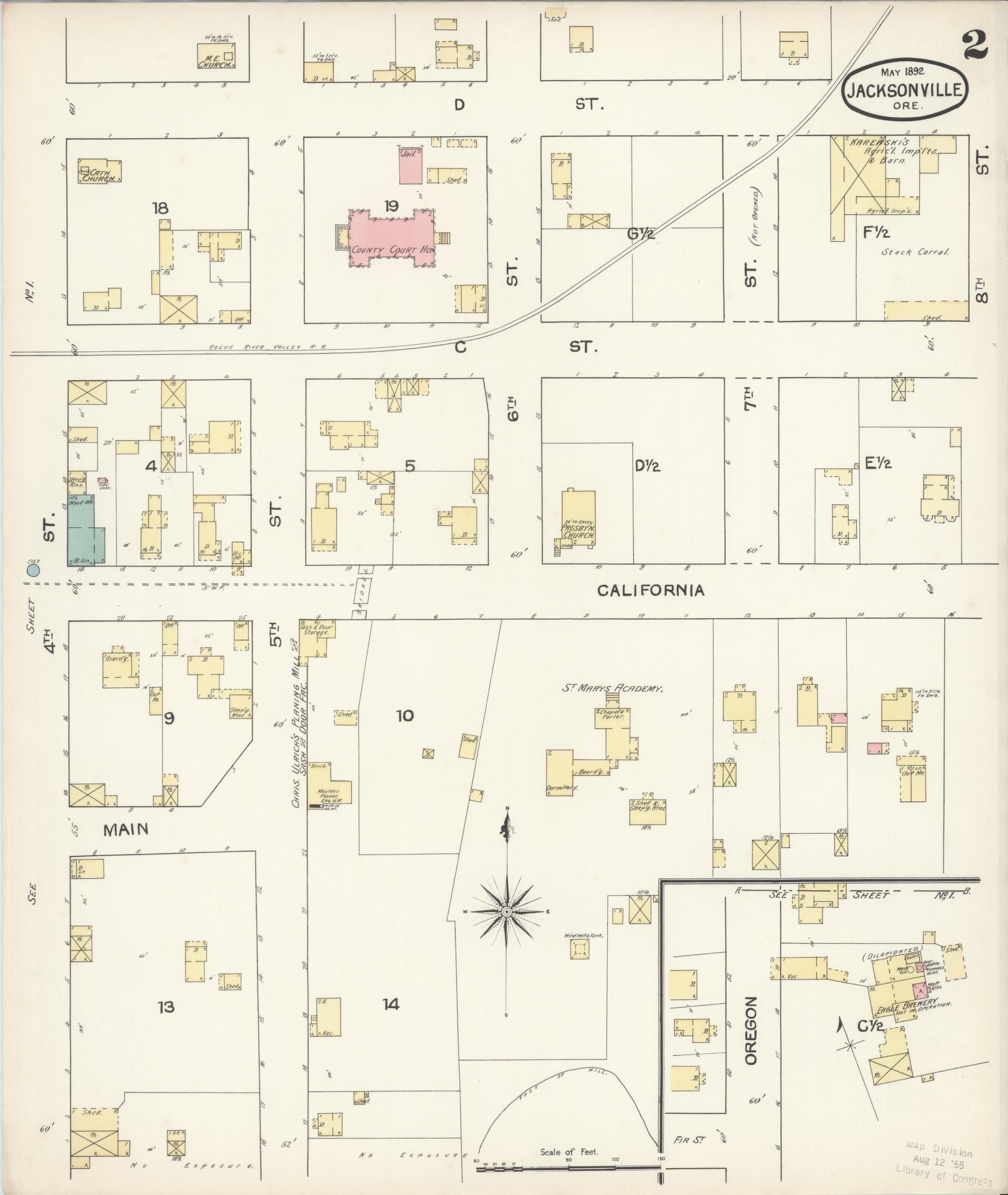 Sanborn Fire Insurance Map from Jacksonville, Jackson County, Oregon (1892), Sheet #0002 - Complete Map Set gallery image, historic Sanborn map, vintage wall art, Oregon Oregon