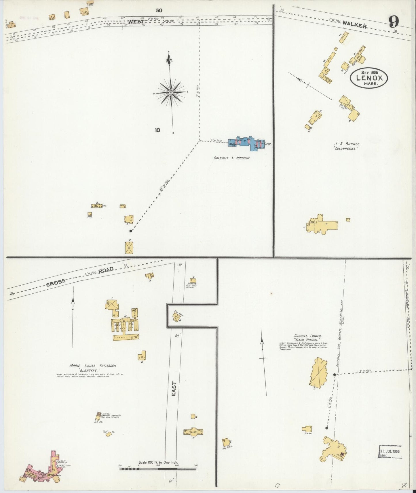 Sanborn Fire Insurance Map from Lenox, Berkshire County, Massachusetts (1905), Sheet #0009 - Complete Map Set gallery image, historic Sanborn map, vintage wall art, Massachusetts Massachusetts