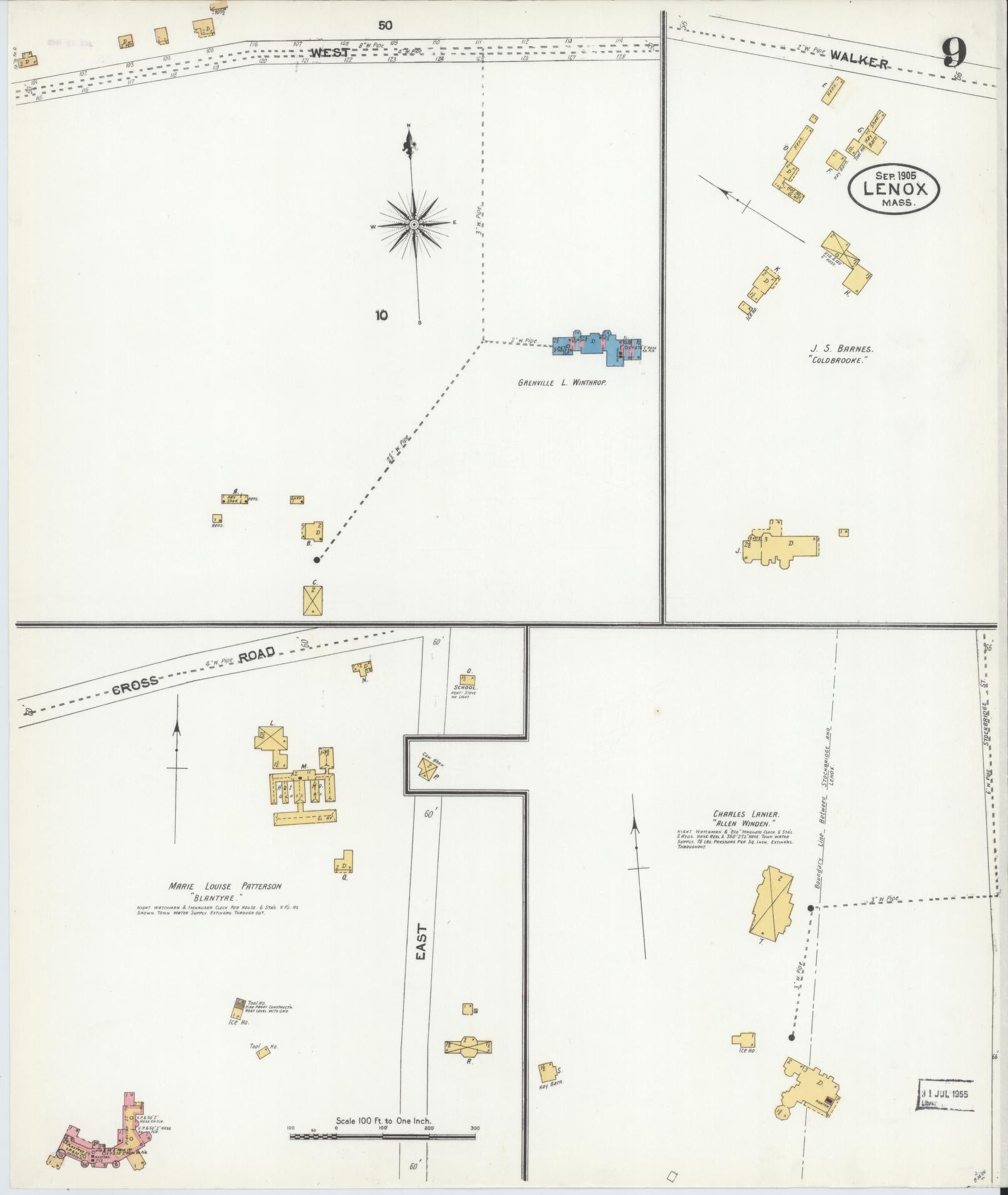 Sanborn Fire Insurance Map from Lenox, Berkshire County, Massachusetts (1905), Sheet #0009 - Complete Map Set gallery image, historic Sanborn map, vintage wall art, Massachusetts Massachusetts