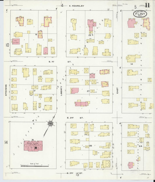 Sanborn Fire Insurance Map from Flint, Genesee County, Michigan (1909), Sheet #0011 - Historic Sanborn Fire Insurance Map Print, vintage old map wall art, antique decor, genealogy gift, Michigan Michigan map