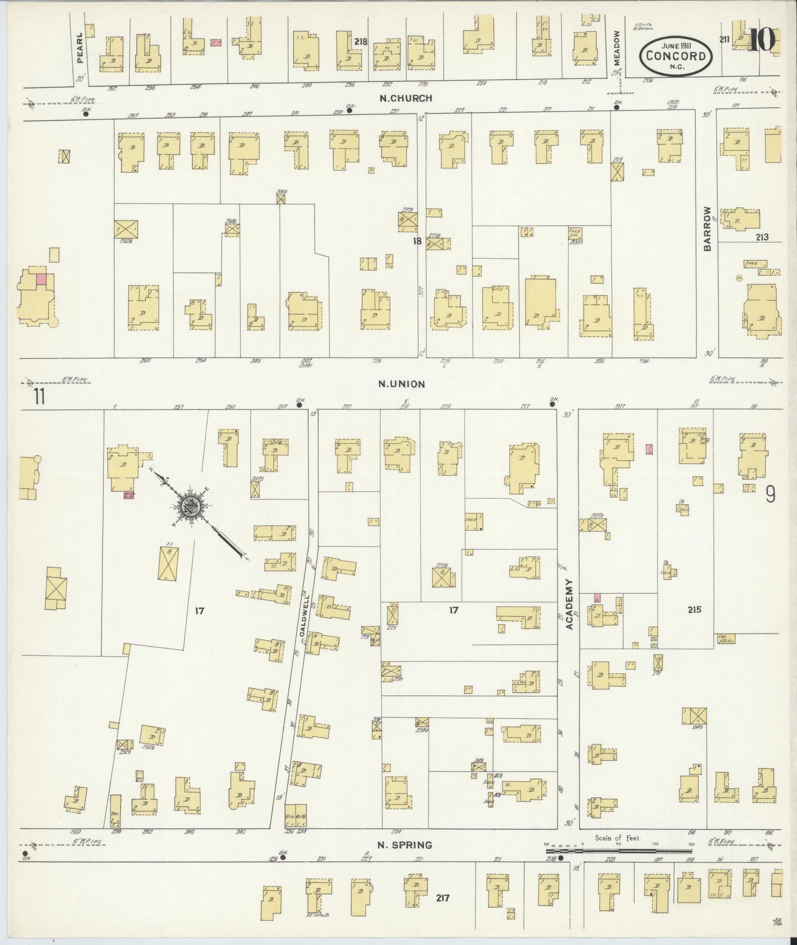 Sanborn Fire Insurance Map from Concord, Cabarrus County, North Carolina (1911), Sheet #0010 - Historic Sanborn Fire Insurance Map Print, vintage old map wall art, antique decor, genealogy gift, North Carolina North Carolina map