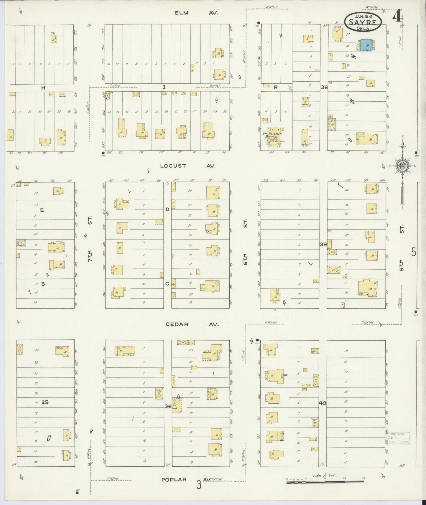Sanborn Fire Insurance Map from Sayre, Beckham County, Oklahoma (1916), Sheet #0004 - Historic Sanborn Fire Insurance Map Print, vintage old map wall art, antique decor, genealogy gift, Oklahoma Oklahoma map
