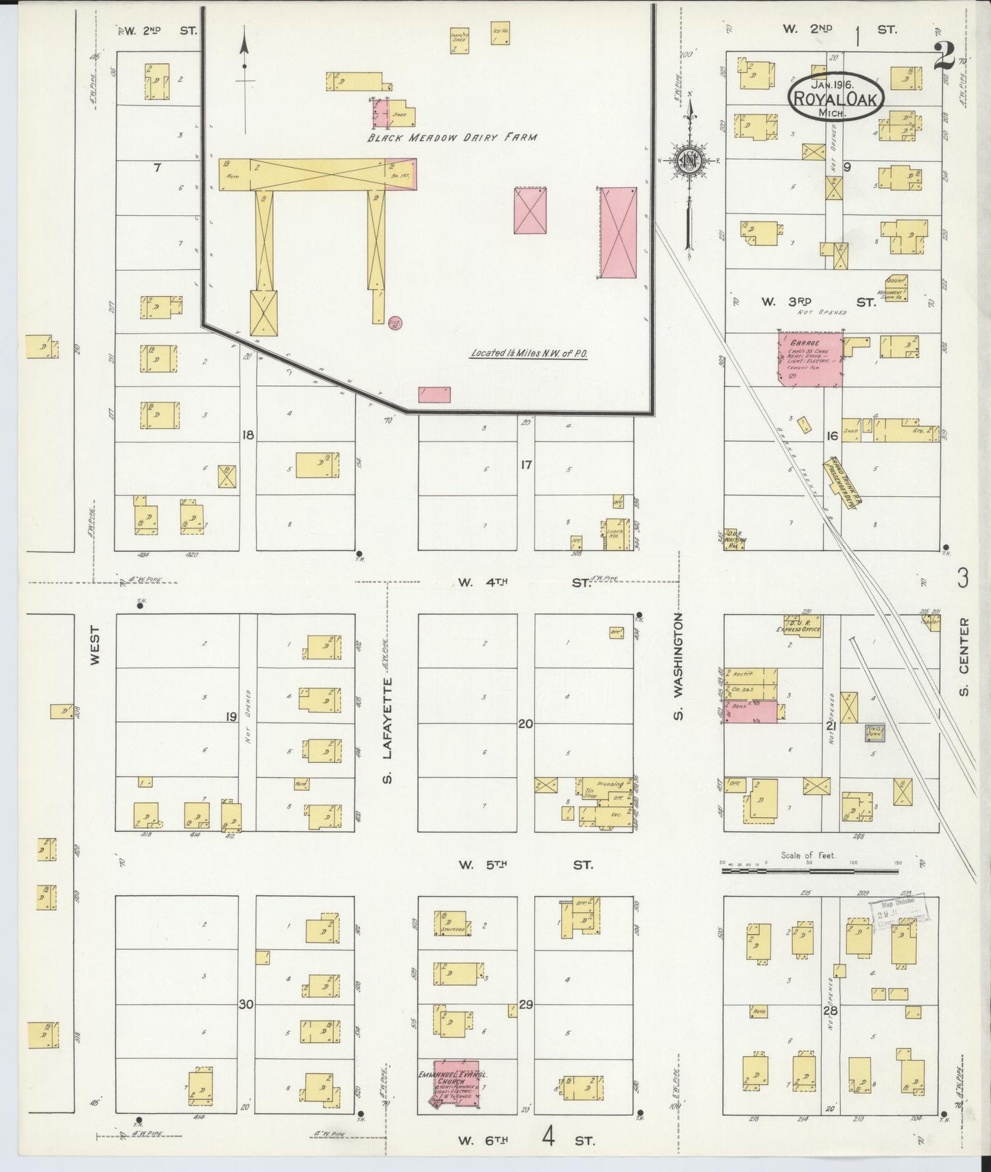 Sanborn Fire Insurance Map from Royal Oak, Oakland County, Michigan (1916), Sheet #0002 - Complete Map Set gallery image, historic Sanborn map, vintage wall art, Michigan Michigan