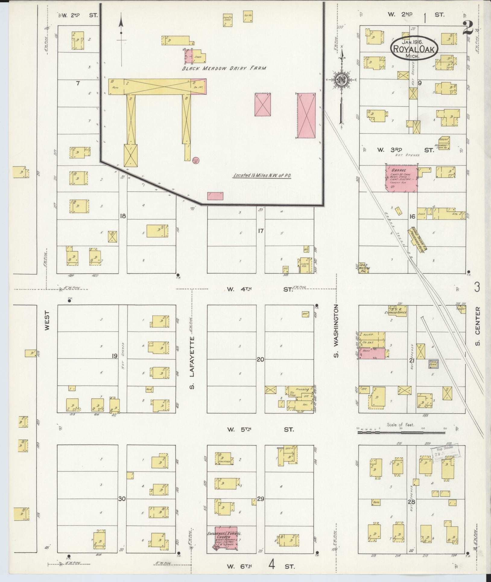 Sanborn Fire Insurance Map from Royal Oak, Oakland County, Michigan (1916), Sheet #0002 - Complete Map Set gallery image, historic Sanborn map, vintage wall art, Michigan Michigan