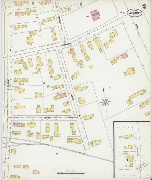 Sanborn Fire Insurance Map from Claremont, Sullivan County, New Hampshire (1899), Sheet #0002 - Historic Sanborn Fire Insurance Map Print, vintage old map wall art, antique decor, genealogy gift, New Hampshire New Hampshire map