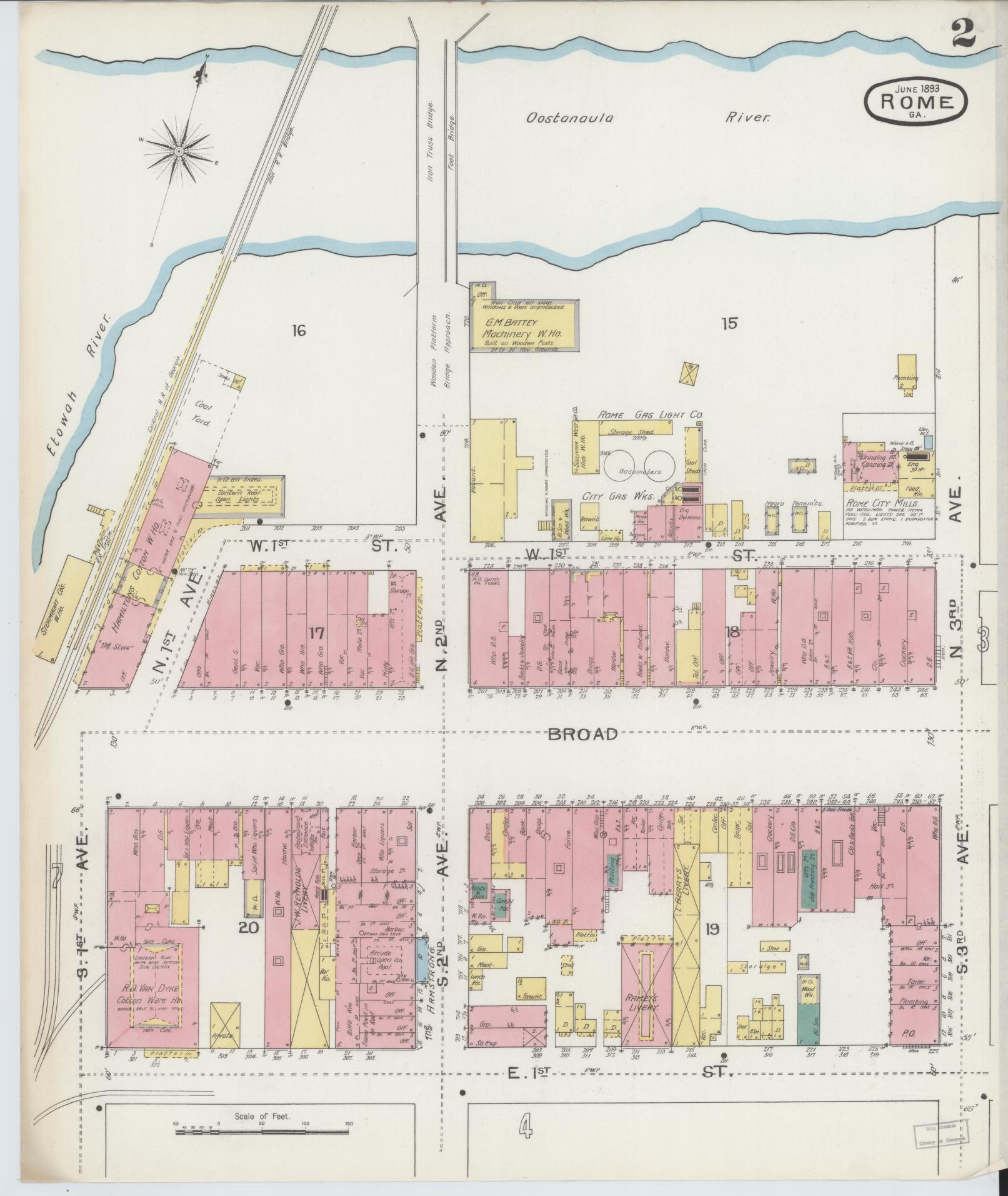 Sanborn Fire Insurance Map from Rome, Floyd County, Georgia (1893), Sheet #0002 - Complete Map Set gallery image, historic Sanborn map, vintage wall art, Georgia Georgia