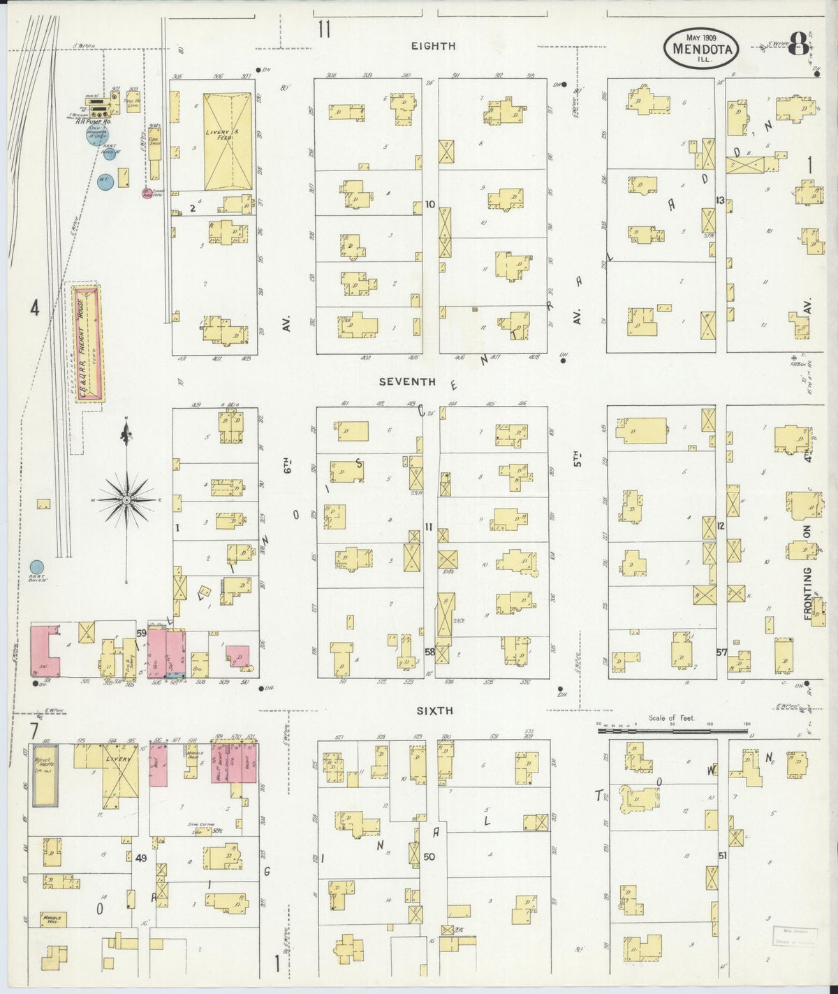 Sanborn Fire Insurance Map from Mendota, La Salle County, Illinois (1909), Sheet #0008 - Complete Map Set gallery image, historic Sanborn map, vintage wall art, Illinois Illinois