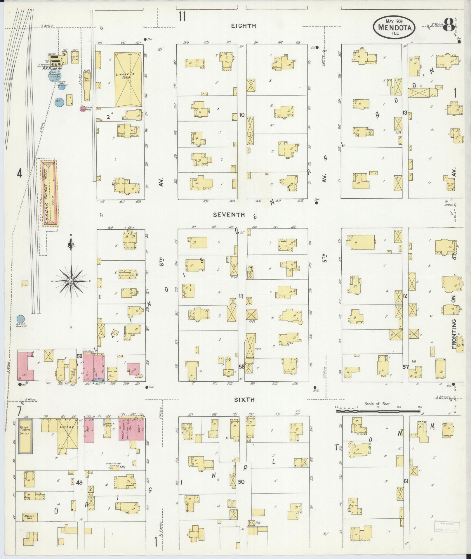 Sanborn Fire Insurance Map from Mendota, La Salle County, Illinois (1909), Sheet #0008 - Complete Map Set gallery image, historic Sanborn map, vintage wall art, Illinois Illinois