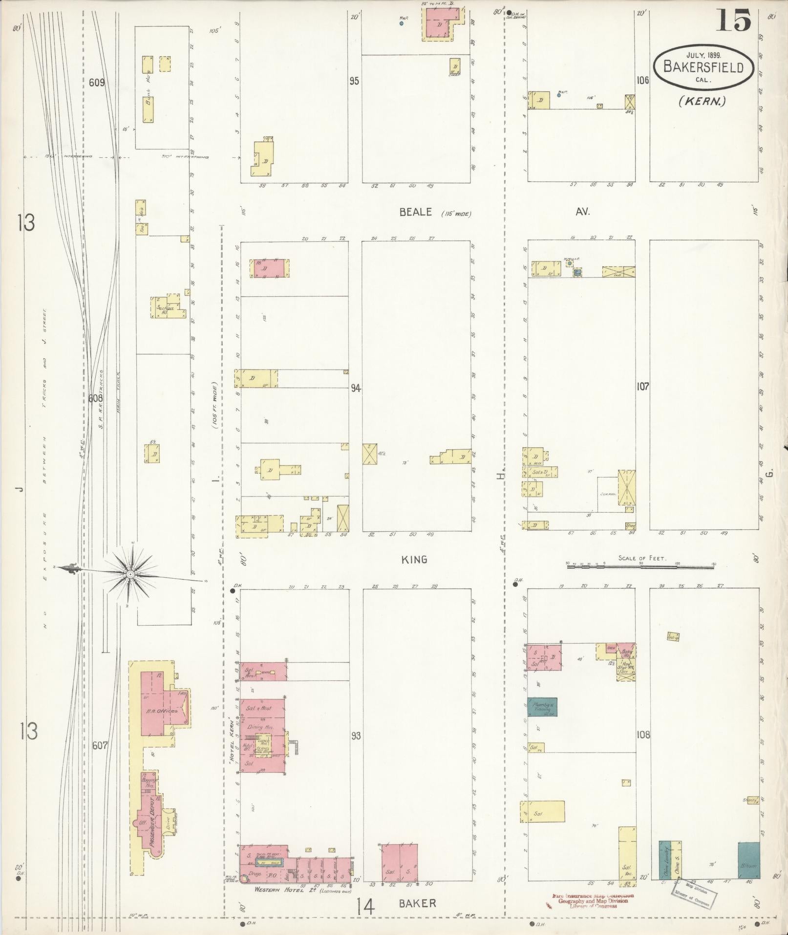 Sanborn Fire Insurance Map from Bakersfield, Kern County, California (1899), Sheet #0015 - Historic Sanborn Fire Insurance Map Print, vintage old map wall art, antique decor, genealogy gift, California California map