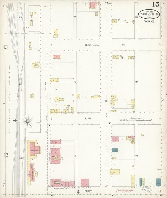 Sanborn Fire Insurance Map from Bakersfield, Kern County, California (1899), Sheet #0015 - Historic Sanborn Fire Insurance Map Print, vintage old map wall art, antique decor, genealogy gift, California California map