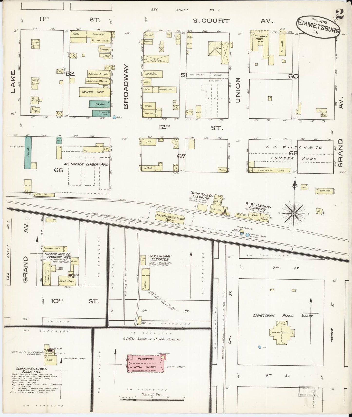 Sanborn Fire Insurance Map from Emmetsburg, Palo Alto County, Iowa (1885), Sheet #0002 - Historic Sanborn Fire Insurance Map Print, vintage old map wall art