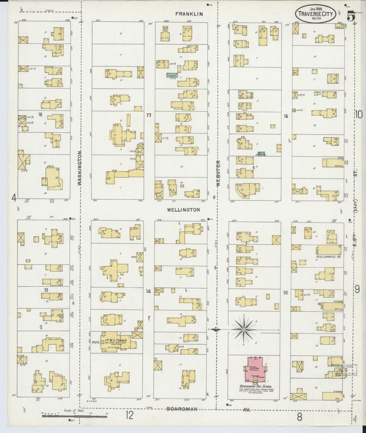 Sanborn Fire Insurance Map from Traverse City, Grand Traverse County, Michigan (1899), Sheet #0005 - Historic Sanborn Fire Insurance Map Print, vintage old map wall art, antique decor, genealogy gift, Michigan Michigan map