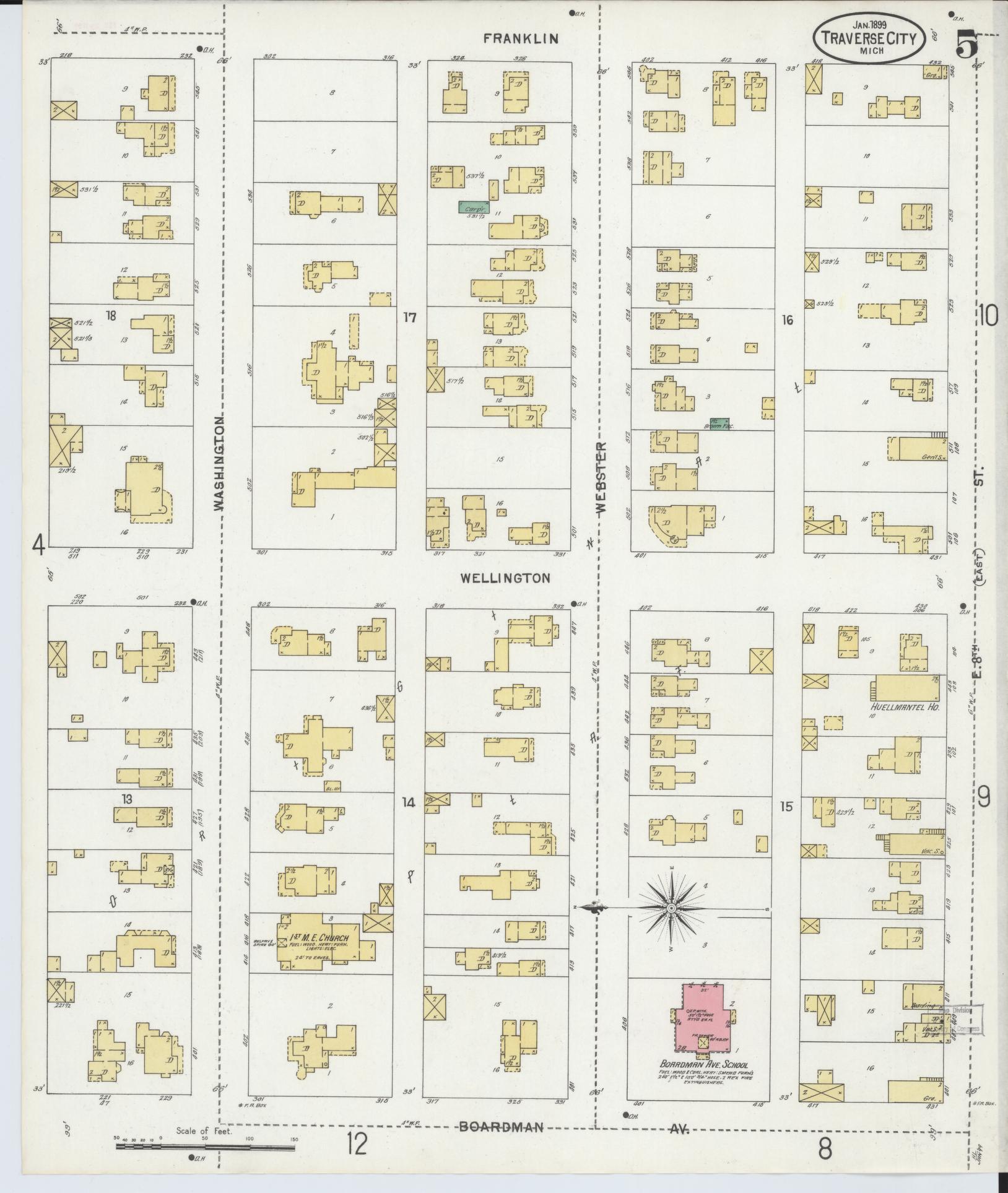 Sanborn Fire Insurance Map from Traverse City, Grand Traverse County, Michigan (1899), Sheet #0005 - Historic Sanborn Fire Insurance Map Print, vintage old map wall art, antique decor, genealogy gift, Michigan Michigan map