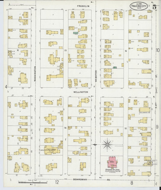 Sanborn Fire Insurance Map from Traverse City, Grand Traverse County, Michigan (1899), Sheet #0005 - Historic Sanborn Fire Insurance Map Print, vintage old map wall art, antique decor, genealogy gift, Michigan Michigan map
