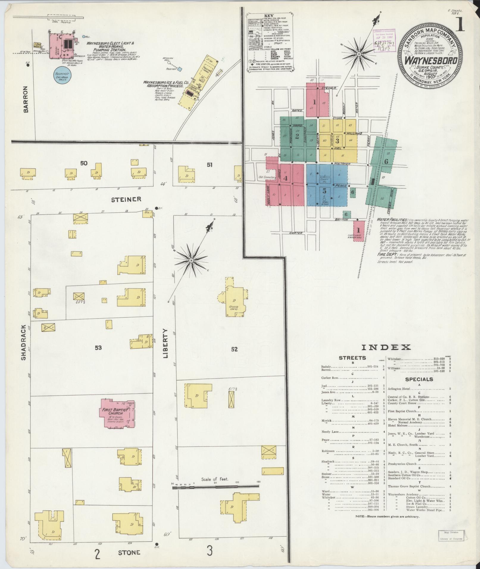 Sanborn Fire Insurance Map from Waynesboro, Burke County, Georgia (1907), Sheet #0001 - Historic Sanborn Fire Insurance Map Print, vintage old map wall art, antique decor, genealogy gift, Georgia Georgia map