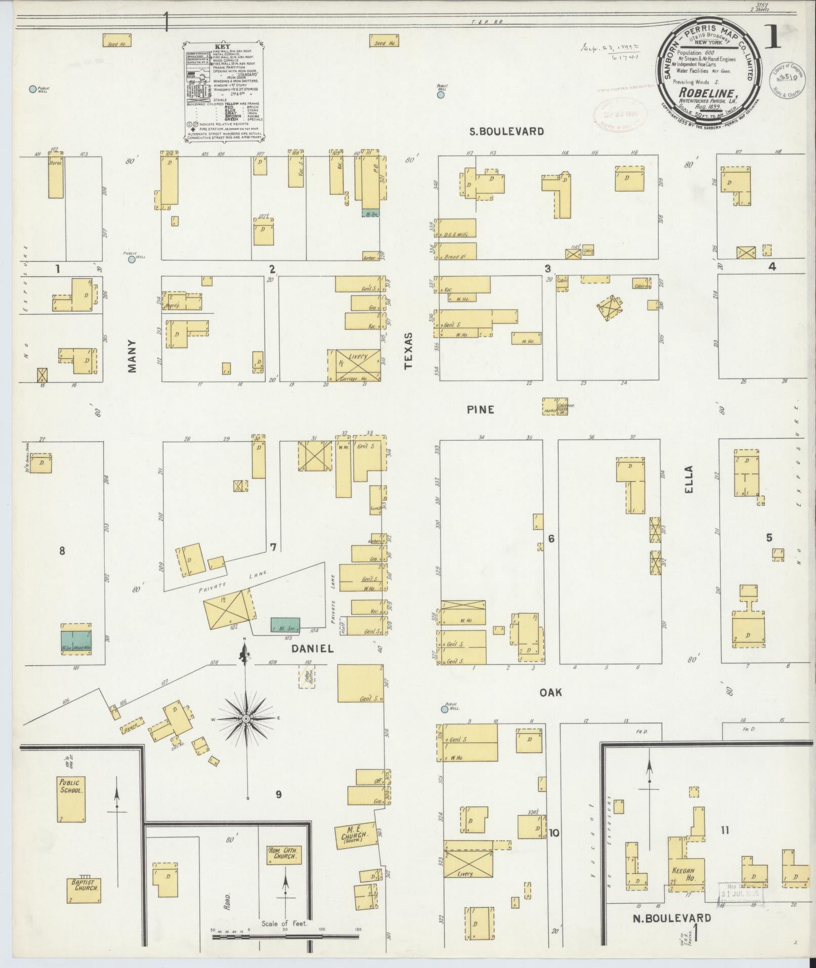 Sanborn Fire Insurance Map from Robeline, Natchitoches Parish, Louisiana (1899), Sheet #0001 - Historic Sanborn Fire Insurance Map Print, vintage old map wall art, antique decor, genealogy gift, Louisiana Louisiana map
