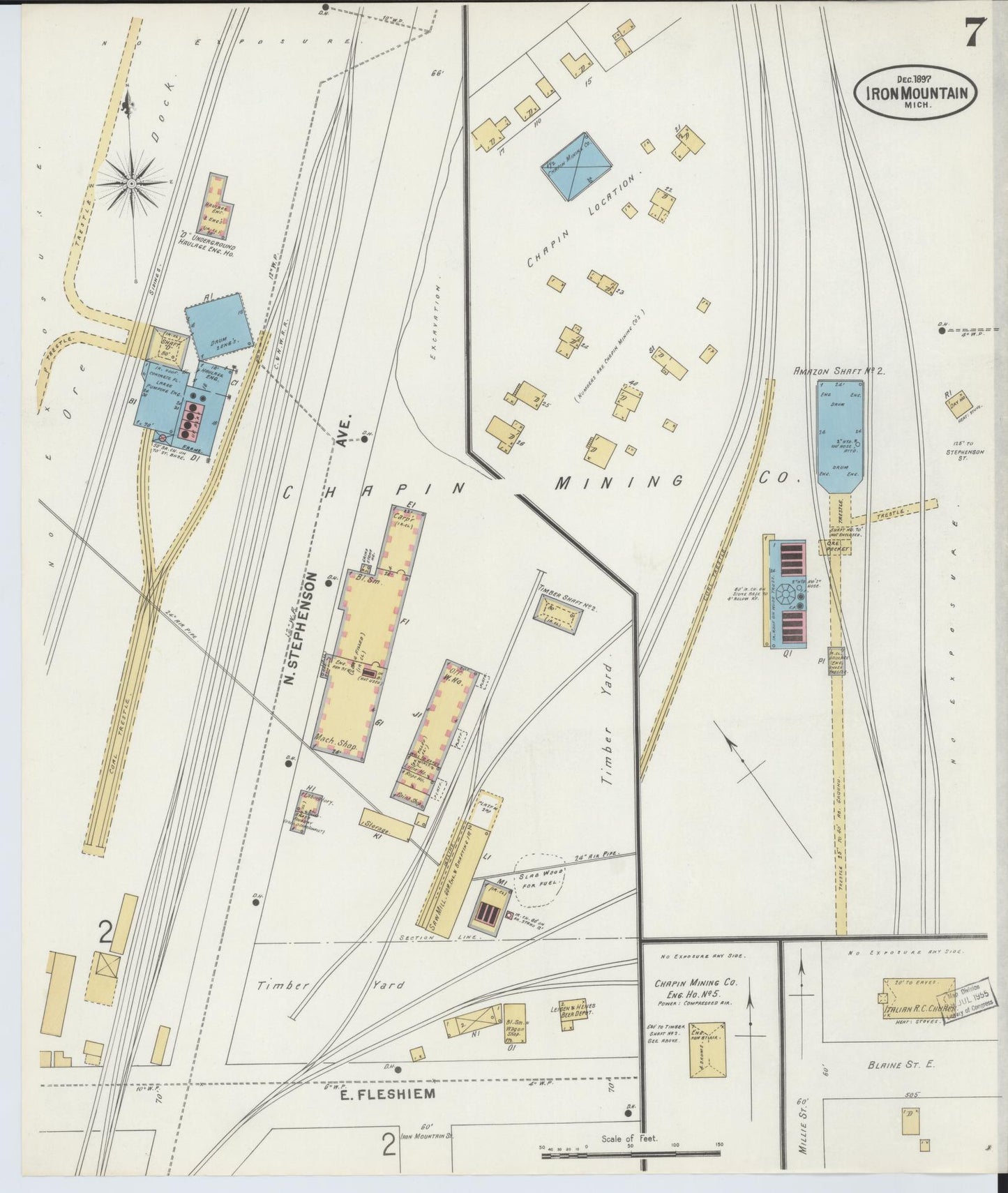 Sanborn Fire Insurance Map from Iron Mountain, Dickinson County, Michigan (1897), Sheet #0007 - Historic Sanborn Fire Insurance Map Print, vintage old map wall art, antique decor, genealogy gift, Michigan Michigan map