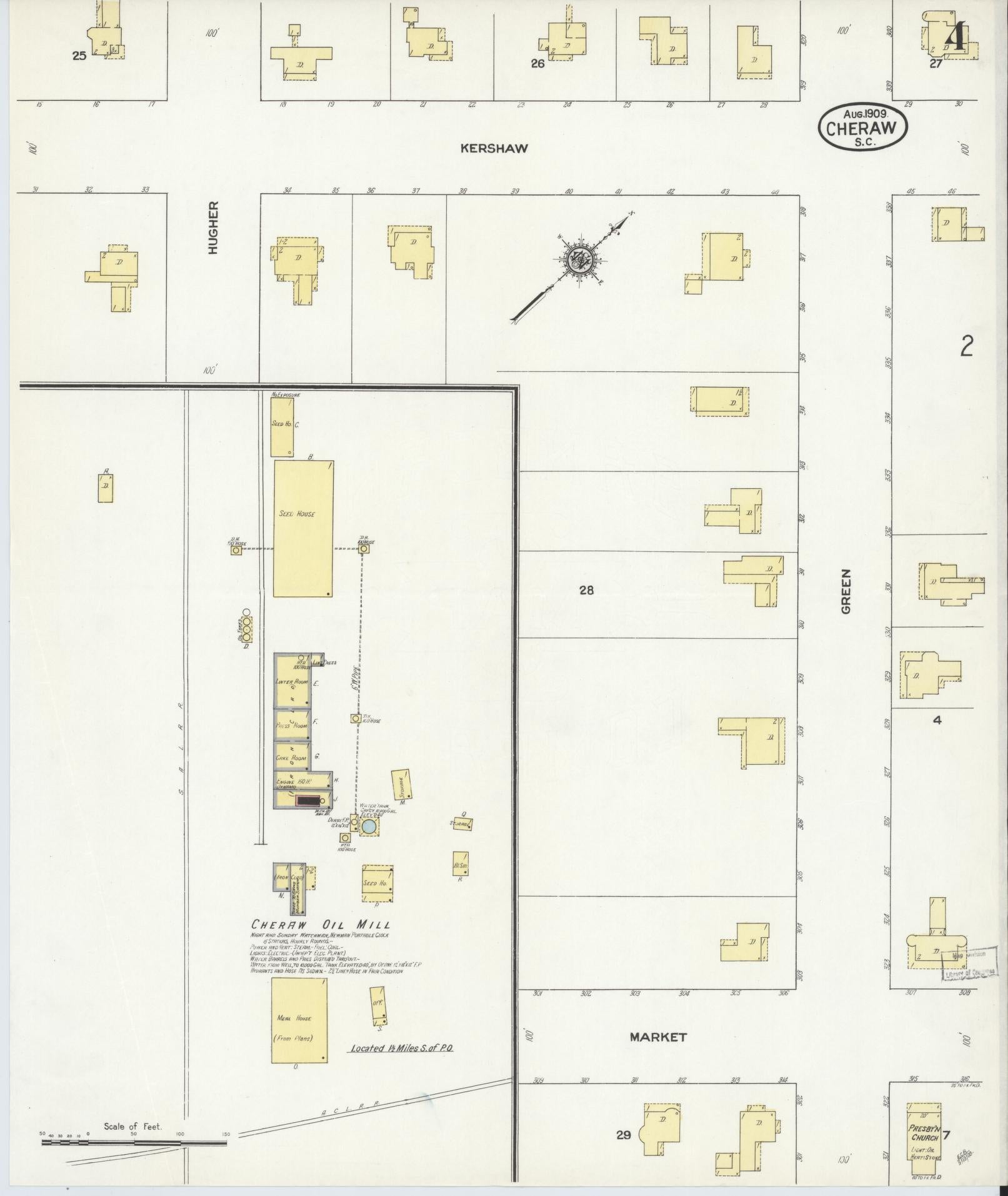Sanborn Fire Insurance Map from Cheraw, Chesterfield County, South Carolina (1909), Sheet #0004 - Historic Sanborn Fire Insurance Map Print, vintage old map wall art, antique decor, genealogy gift, South Carolina South Carolina map