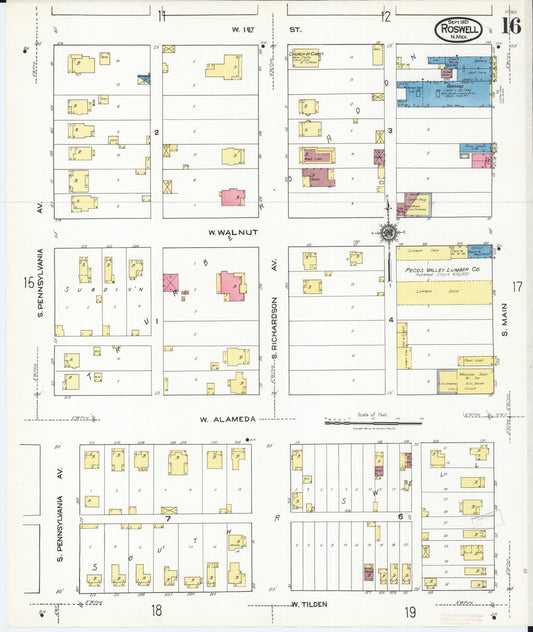 Sanborn Fire Insurance Map from Roswell, Chaves County, New Mexico (1921), Sheet #0016 - Historic Sanborn Fire Insurance Map Print, vintage old map wall art, antique decor, genealogy gift, New Mexico New Mexico map