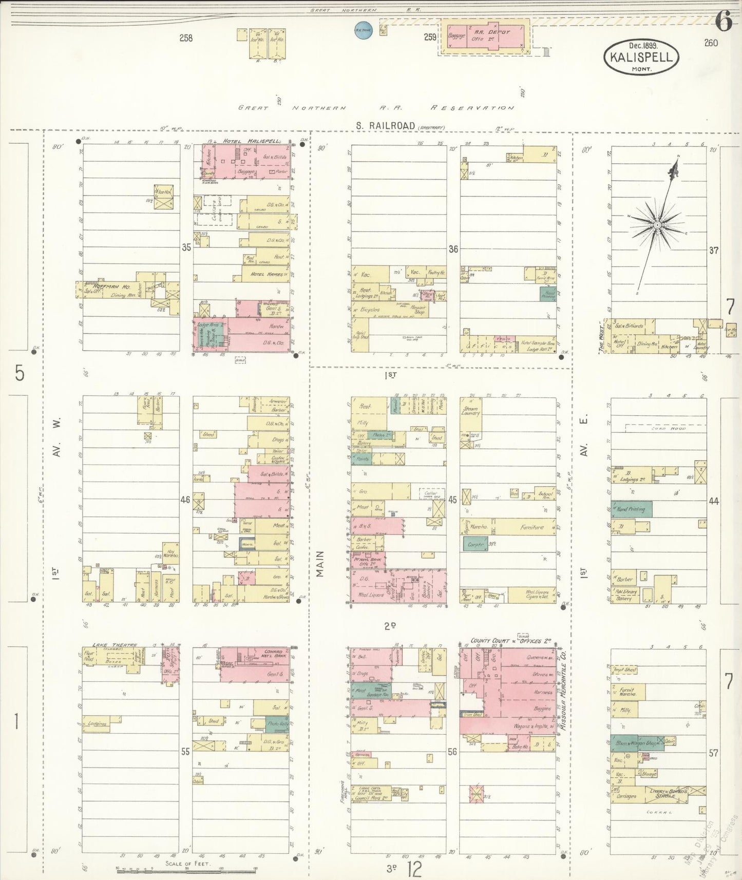 Sanborn Fire Insurance Map from Kalispell, Flathead County, Montana (1899), Sheet #0006 - Historic Sanborn Fire Insurance Map Print, vintage old map wall art, antique decor, genealogy gift, Montana Montana map