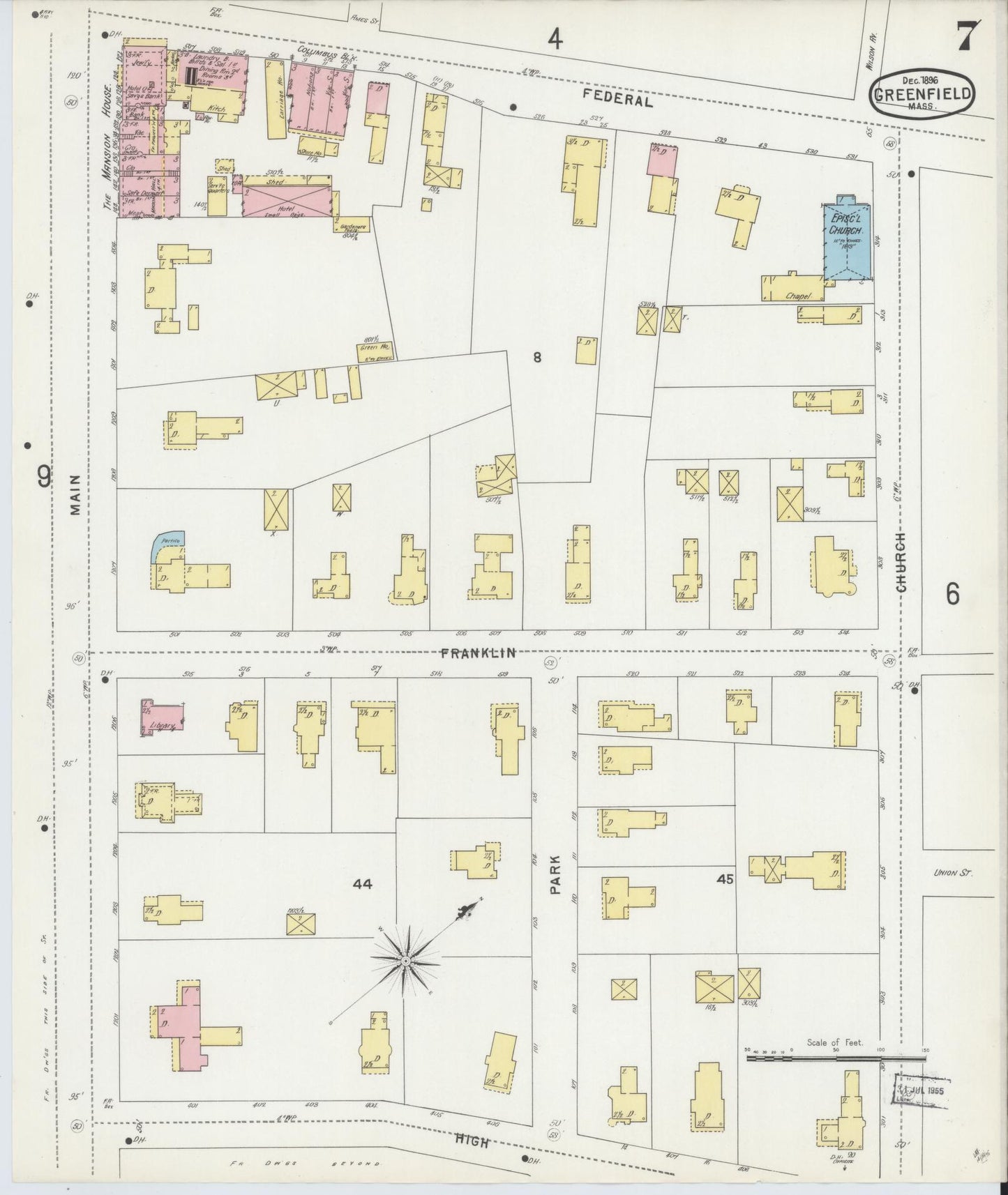 Sanborn Fire Insurance Map from Greenfield, Franklin County, Massachusetts (1896), Sheet #0007 - Complete Map Set gallery image, historic Sanborn map, vintage wall art, Massachusetts Massachusetts